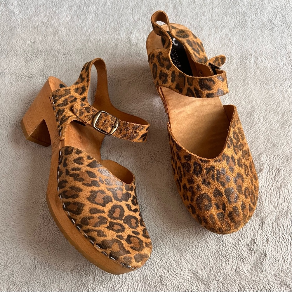 L'atelier Scandinave Suede Leather Leopard Animal Print Mary Jane Clog Wood Heel
